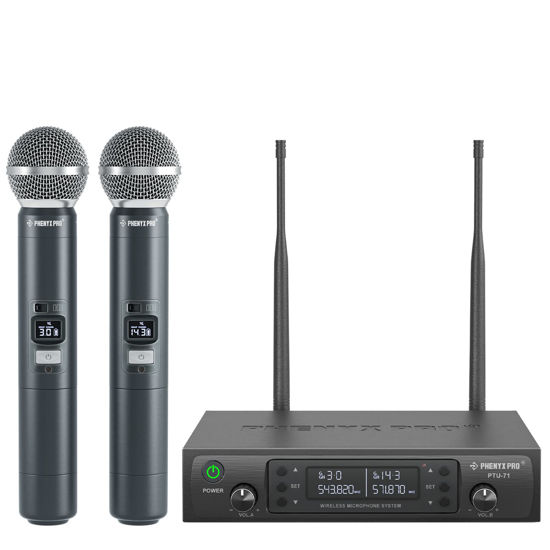 Picture of Phenyx Pro Wireless Microphone System, Dual Wireless Mics,w/ 2 Handhelds, Auto Scan,2x100 UHF Frequencies,328ft Range,Dynamic Microphone for Singing, Karaoke, Church(PTU-71-2H)