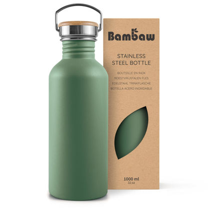 Picture of Bambaw Travel Water Bottle 32oz, Green Water Bottle No Straw, Non-insulated Single Wall Stainless Water Bottle, Hiking Water Bottle, 1 Liter Water Bottle with Handle - Sage Green