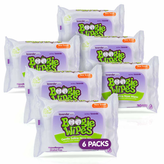 Picture of Saline Nose Wipes by Boogie, for Baby & Kids, Face, Hand & Body, FSA/HSA Eligible, Made with Vitamin E, Aloe, and Natural Saline, Lavender Scent, 30 Count (Pack of 6)