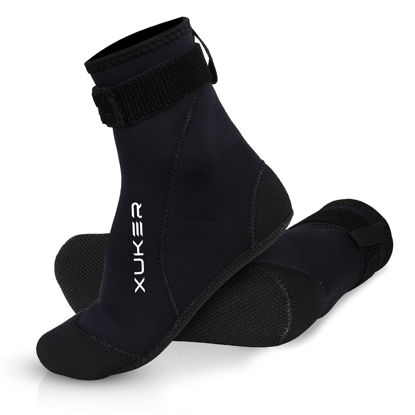 Picture of XUKER Waterproof Water Socks 3mm, Neoprene Sand Proof Beach Volleyball Soccer Socks Water Shoes Wetsuit Booties Men Women for Diving Swimming Surfing Snorkeling, Glued Blind Stitched High Cut