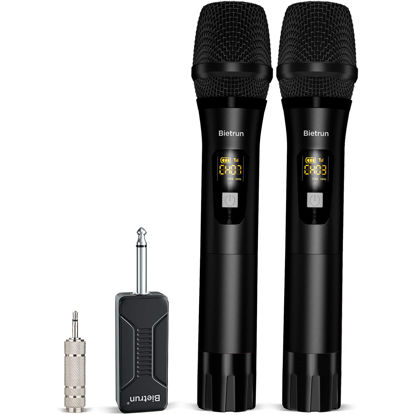 Picture of Wireless Microphone, Bietrun UHF Metal Dual Handheld Cordless Dynamic Mic System with Rechargeable Receiver, 1/4‘’Output, for Karaoke, Church, Speech, Wedding, Party Singing(160 ft Range)-Auto Connect
