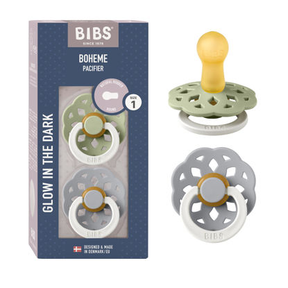 Picture of BIBS Boheme Glow in The Dark Soother 2-Pack. BPA Free. Round Latex, Size 1 (0-6 Months), Sage Glow/Cloud Glow