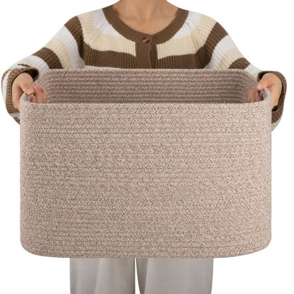 Picture of OIAHOMY Cotton Rope Basket, Rectangle Woven Nursery Blanket Basket, Toy Storage Basket with Handle, Baskets for Organizing, 18”x14”x12”, Brown variegated