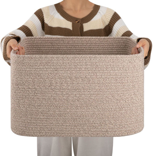 Picture of OIAHOMY Cotton Rope Basket, Rectangle Woven Nursery Blanket Basket, Toy Storage Basket with Handle, Baskets for Organizing, 18”x14”x12”, Brown variegated