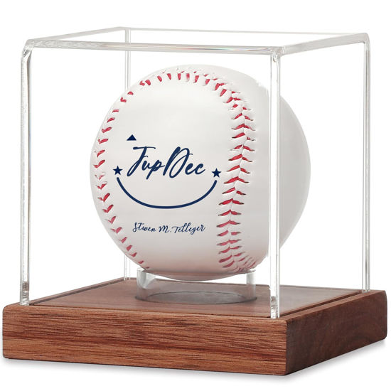 Picture of JupDec Baseball Display Case, Clear Cube Baseball Holder with Wooden Base, Autograph Baseball Stand Box for Single Ball, Acacia Wood, Brown, 1 Pack