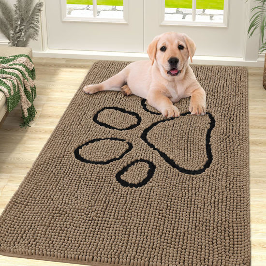 Picture of Smiry Dog Door Mat for Muddy Paws, Absorbent Dirt Trapper Non Slip Quick Dry Washable Chenille Mat for Mud Dogs, Entry Rug for Indoor and Outdoor (40x32 Inches, Camel)