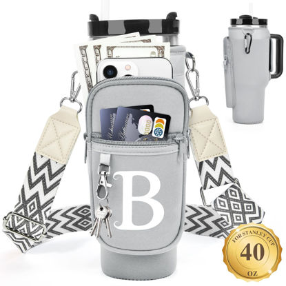 Picture of LOKASS Water Bottle Holder with Strap for Stanley Cup 40 oz Tumbler with Handle, Personalized Initial, Water Bottle Carrier Bag with Phone Pocket & Carabiner for Stanley Cup Accessories