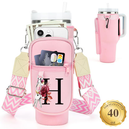 Picture of LOKASS Water Bottle Holder with Strap for Stanley Cup 40 oz Tumbler with Handle, Personalized Initial, Water Bottle Carrier Bag with Phone Pocket & Carabiner for Stanley Cup Accessories