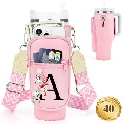 Picture of LOKASS Water Bottle Holder with Strap for Stanley Cup 40 oz Tumbler with Handle, Personalized Initial, Water Bottle Carrier Bag with Phone Pocket & Carabiner for Stanley Cup Accessories