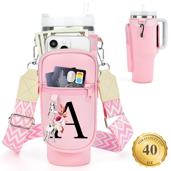 Picture of LOKASS Water Bottle Holder with Strap for Stanley Cup 40 oz Tumbler with Handle, Personalized Initial, Water Bottle Carrier Bag with Phone Pocket & Carabiner for Stanley Cup Accessories