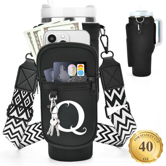 Picture of LOKASS Water Bottle Holder with Strap for Stanley Cup 40 oz Tumbler with Handle, Personalized Initial, Water Bottle Carrier Bag with Phone Pocket & Carabiner for Stanley Cup Accessories