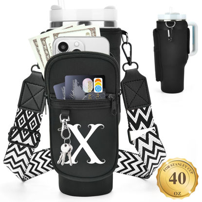 Picture of LOKASS Water Bottle Holder with Strap for Stanley Cup 40 oz Tumbler with Handle, Personalized Initial, Water Bottle Carrier Bag with Phone Pocket & Carabiner for Stanley Cup Accessories