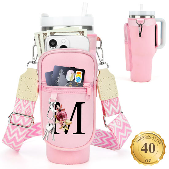 Picture of LOKASS Water Bottle Holder with Strap for Stanley Cup 40 oz Tumbler with Handle, Personalized Initial, Water Bottle Carrier Bag with Phone Pocket & Carabiner for Stanley Cup Accessories