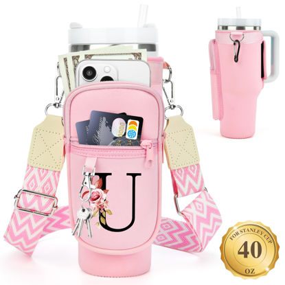 Picture of LOKASS Water Bottle Holder with Strap for Stanley Cup 40 oz Tumbler with Handle, Personalized Initial, Water Bottle Carrier Bag with Phone Pocket & Carabiner for Stanley Cup Accessories