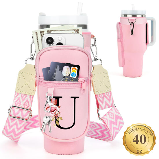 Picture of LOKASS Water Bottle Holder with Strap for Stanley Cup 40 oz Tumbler with Handle, Personalized Initial, Water Bottle Carrier Bag with Phone Pocket & Carabiner for Stanley Cup Accessories