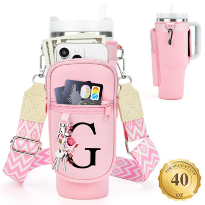 Picture of LOKASS Water Bottle Holder with Strap for Stanley Cup 40 oz Tumbler with Handle, Personalized Initial, Water Bottle Carrier Bag with Phone Pocket & Carabiner for Stanley Cup Accessories
