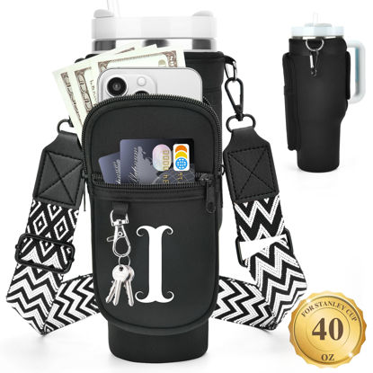 Picture of LOKASS Water Bottle Holder with Strap for Stanley Cup 40 oz Tumbler with Handle, Personalized Initial, Water Bottle Carrier Bag with Phone Pocket & Carabiner for Stanley Cup Accessories