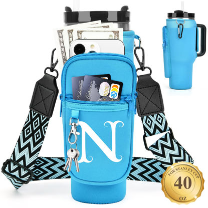 Picture of LOKASS Water Bottle Holder with Strap for Stanley Cup 40 oz Tumbler with Handle, Personalized Initial, Water Bottle Carrier Bag with Phone Pocket & Carabiner for Stanley Cup Accessories