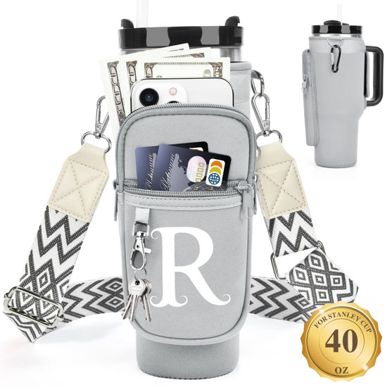 Picture of LOKASS Water Bottle Holder with Strap for Stanley Cup 40 oz Tumbler with Handle, Personalized Initial, Water Bottle Carrier Bag with Phone Pocket & Carabiner for Stanley Cup Accessories