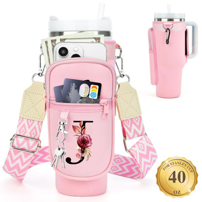 Picture of LOKASS Water Bottle Holder with Strap for Stanley Cup 40 oz Tumbler with Handle, Personalized Initial, Water Bottle Carrier Bag with Phone Pocket & Carabiner for Stanley Cup Accessories