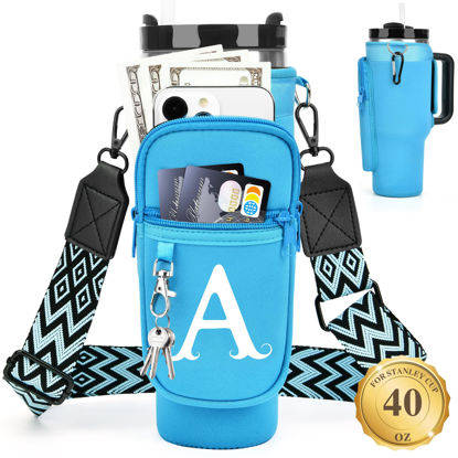 Picture of LOKASS Water Bottle Holder with Strap for Stanley Cup 40 oz Tumbler with Handle, Personalized Initial, Water Bottle Carrier Bag with Phone Pocket & Carabiner for Stanley Cup Accessories