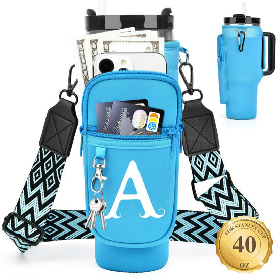 Picture of LOKASS Water Bottle Holder with Strap for Stanley Cup 40 oz Tumbler with Handle, Personalized Initial, Water Bottle Carrier Bag with Phone Pocket & Carabiner for Stanley Cup Accessories