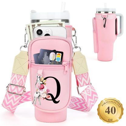 Picture of LOKASS Water Bottle Holder with Strap for Stanley Cup 40 oz Tumbler with Handle, Personalized Initial, Water Bottle Carrier Bag with Phone Pocket & Carabiner for Stanley Cup Accessories