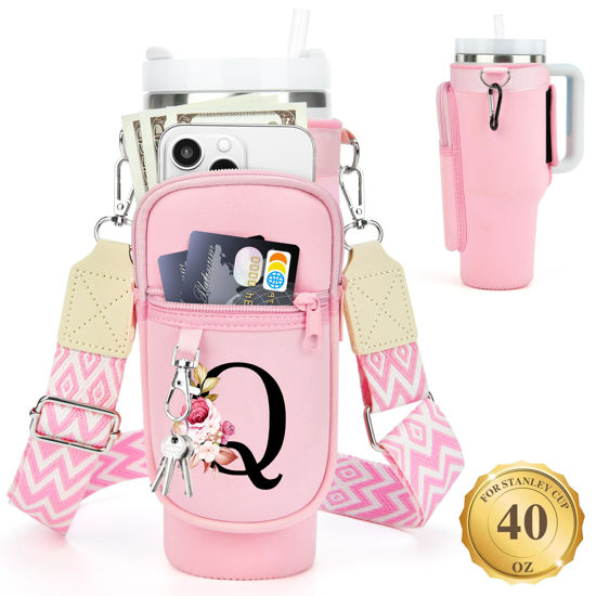 Picture of LOKASS Water Bottle Holder with Strap for Stanley Cup 40 oz Tumbler with Handle, Personalized Initial, Water Bottle Carrier Bag with Phone Pocket & Carabiner for Stanley Cup Accessories