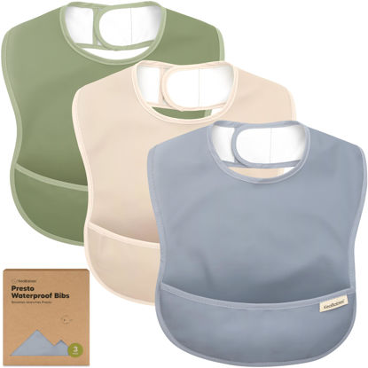 Picture of 3-Pack Waterproof Baby Bibs for Eating - Lightweight Baby Bib with Food Catcher, Mess Proof Toddler Bibs, Waterproof Bibs for Baby Boys, Baby Girls, Feeding Bibs, Drool Bibs, Baby Food Bibs (Slate)
