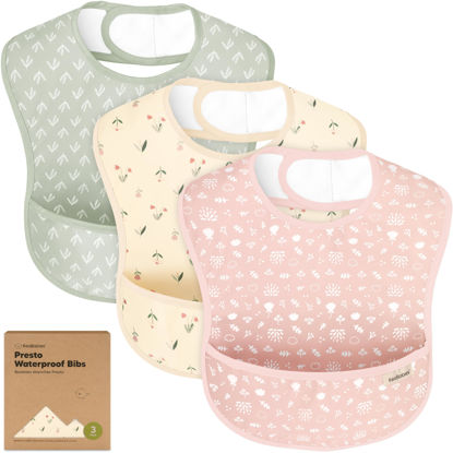 Picture of 3-Pack Waterproof Baby Bibs for Eating - Lightweight Baby Bib with Food Catcher, Mess Proof Toddler Bibs, Waterproof Bibs for Baby Boys, Baby Girls, Feeding Bibs, Drool Bibs, Baby Food Bibs (Fleur)