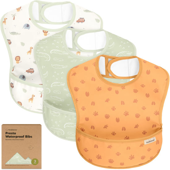 Picture of 3-Pack Waterproof Baby Bibs for Eating - Lightweight Baby Bib with Food Catcher, Mess Proof Toddler Bibs, Waterproof Bibs for Baby Boys, Baby Girls, Feeding Bibs,Drool Bibs,Baby Food Bibs (Wilderness)