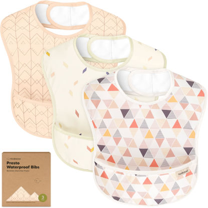 Picture of 3-Pack Waterproof Baby Bibs for Eating - Lightweight Baby Bib with Food Catcher, Mess Proof Toddler Bibs, Waterproof Bibs for Baby Boys, Baby Girls, Feeding Bibs, Drool Bibs, Baby Food Bibs (Prism)