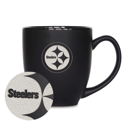 Picture of Rico Industries NFL Football Pittsburgh Steelers Main 15oz Laser Engraved Matte Black Ceramic Bistro Mug - For Hot or Cold Drinks