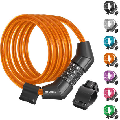 Picture of Titanker Bike Lock Cable, 4 Feet Bike Cable Lock Basic Self Coiling Kids Bike Lock Combination with Complimentary Mounting Bracket, 5/16 Inch Diameter (4FT, Orange-8mm)