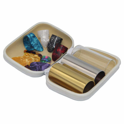 Picture of SUNLP 3 Pieces Medium Guitar Slides (Include 2 Colors Stainless Steel, 1 Pieces Glass), 6 Pieces Guitar Picks and 4 Pieces Plastic Thumb & Finger Picks in Zipper box