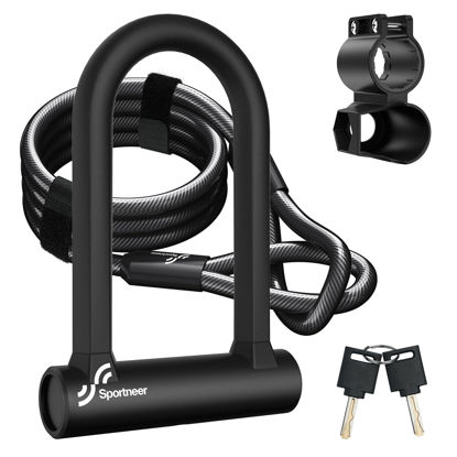 Picture of Sportneer Bike Lock: Heavy Duty Anti Theft Bike U Lock with 5ft Security Steel Cable - 17mm Shackle Bicycle U-Locks with Keys & Sturdy Mounting Bracket for Road, Mountain, Electric & Folding Bike