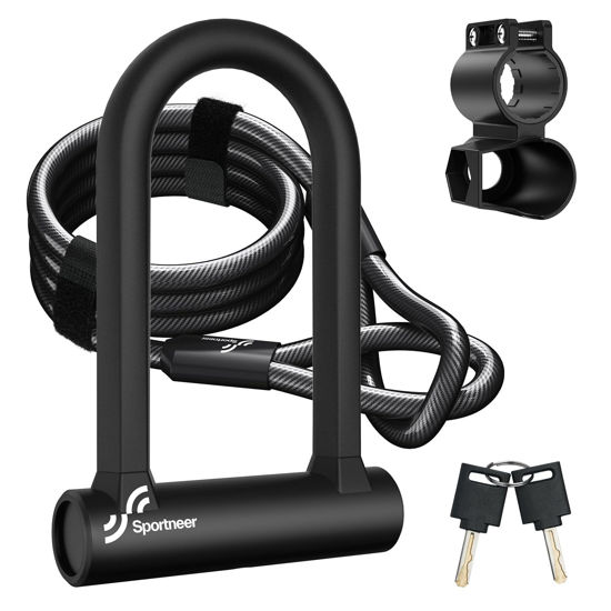 Picture of Sportneer Bike Lock: Heavy Duty Anti Theft Bike U Lock with 5ft Security Steel Cable - 17mm Shackle Bicycle U-Locks with Keys & Sturdy Mounting Bracket for Road, Mountain, Electric & Folding Bike