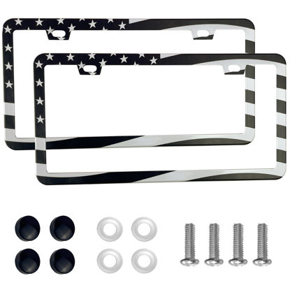 Picture of 2PCS Premium American Flag License Plate Frame, Black License Plate Frames, 2 Holes Solid Stainless Steel License Plate Holder, Universal Car License Plate Frame for USA Flag, by Lengnoyp