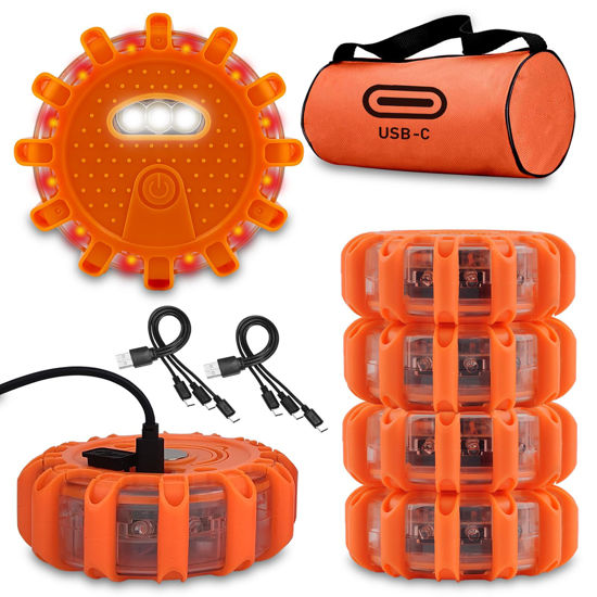 Picture of Ecoangel USB-C Rechargeable LED Road Flares Emergency Lights-Large Capacity (Lithium Battery) 3 in 1 cable Roadside Warning Car Safety Beacon Flashing Disc Kit with Magnetic Base for Vehicles
