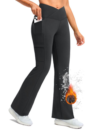 Picture of Women's Fleece Lined Pants Water Resistant Winter Thermal Flare Leggings Hiking Snow Pants for Women 4 Pockets(Dark Gray 29-M)