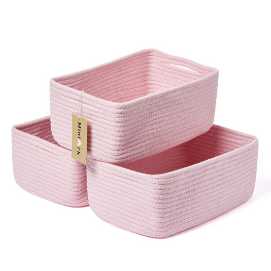 Picture of MiniArk Shelf Storage Baskets for Organizing | Closet Organizer Bins | Small Baskets | Toy Basket | Cute Decorative Basket | Cube Storage Bin | Woven Rope Basket | 13×8.5×5.1” | 3 Packs Pink