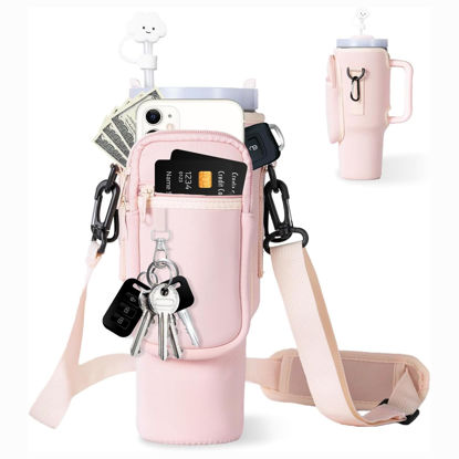 Picture of dabria Water Bottle Carrier Bag with Phone Pocket for Stanley 40/30 oz Tumbler Neoprene Water Bottle Holder Pouch with Adjustable Strap Bollus with Straw Cover & Carabiner for Stanley Cup Accessories