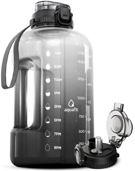 Picture of AQUAFIT 64 oz Water Bottle with Time Marker - Straw & Chug Lid - BPA Free Big Water Bottle with Straw - Gym Water Bottle with Handle - Gallon Water Jug (64 oz, Midnight Gray)