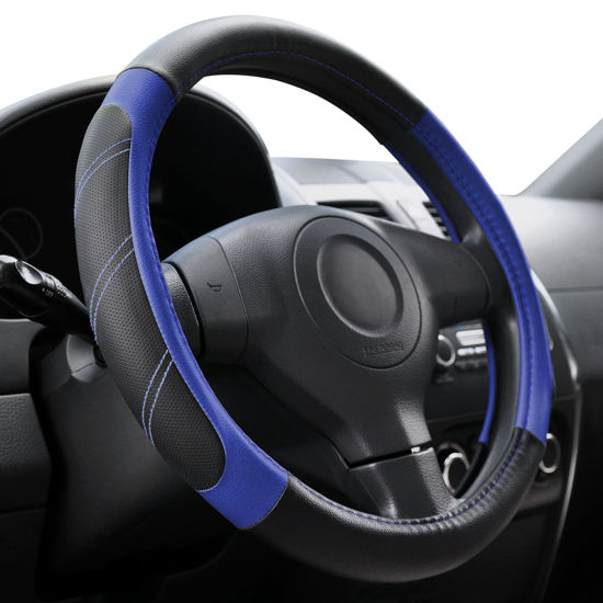 Picture of Elantrip Steering Wheel Cover Leather 14 1/2 to 15 inch Universal Padded Soft Grip Breathable for Car Truck SUV Jeep Anti Slip Blue and Black