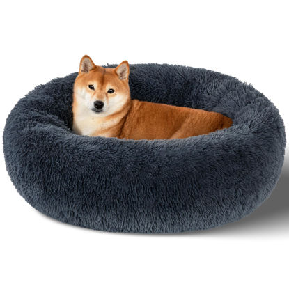 Picture of Kimpets Dog Bed Calming Dog Beds for Small Medium Large Dogs - Round Donut Washable Puppy Dog Bed, Anti-Slip Faux Fur Fluffy Donut Cuddle Anxiety Cat Pet Bed(32" Dark Grey)