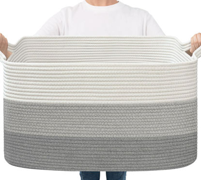 Picture of Goodpick Storage Basket, 21.6" x 14.9" x 11.8", Blanket Basket for Living Room, Large Woven Basket for Storage, Toy Organizer, Rectangle Rope Baskets for Organizing, Grey