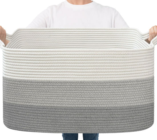 Picture of Goodpick Storage Basket, 21.6" x 14.9" x 11.8", Blanket Basket for Living Room, Large Woven Basket for Storage, Toy Organizer, Rectangle Rope Baskets for Organizing, Grey