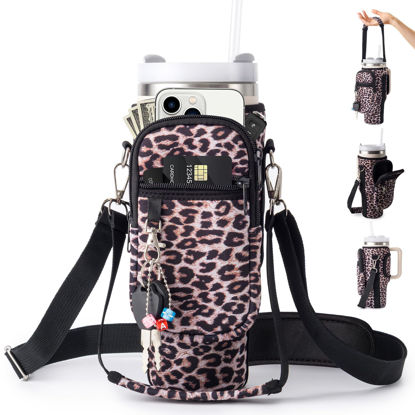Picture of Water Bottle Carrier Bag with Phone Pocket for Stanley Cup 40/30oz,Insulated Neoprene Water Bottle Holder Cross-boday Bag with Adjustable Shoulder & Handheld Strap Leopard Stanley Cup Accessories