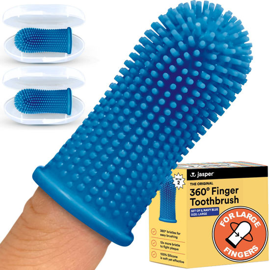 Picture of Jasper Dog Toothbrush for Large Fingers, 360º Dog Tooth Brushing Kit, Dog Teeth Cleaning, Dog Finger Toothbrush for Medium & Large Pets, Use with Dog Toothpaste, 2-Pack Navy-Blue Large