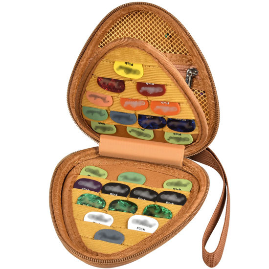 Picture of Guitar Picks Holder Case for Acoustic Electric Guitar Holds Over 39 Packs, Variety Pack Bass Picks Storage Pouch Organizer, Guitar Plectrums Bag with Mesh Pocket for Other Accessories - Brown